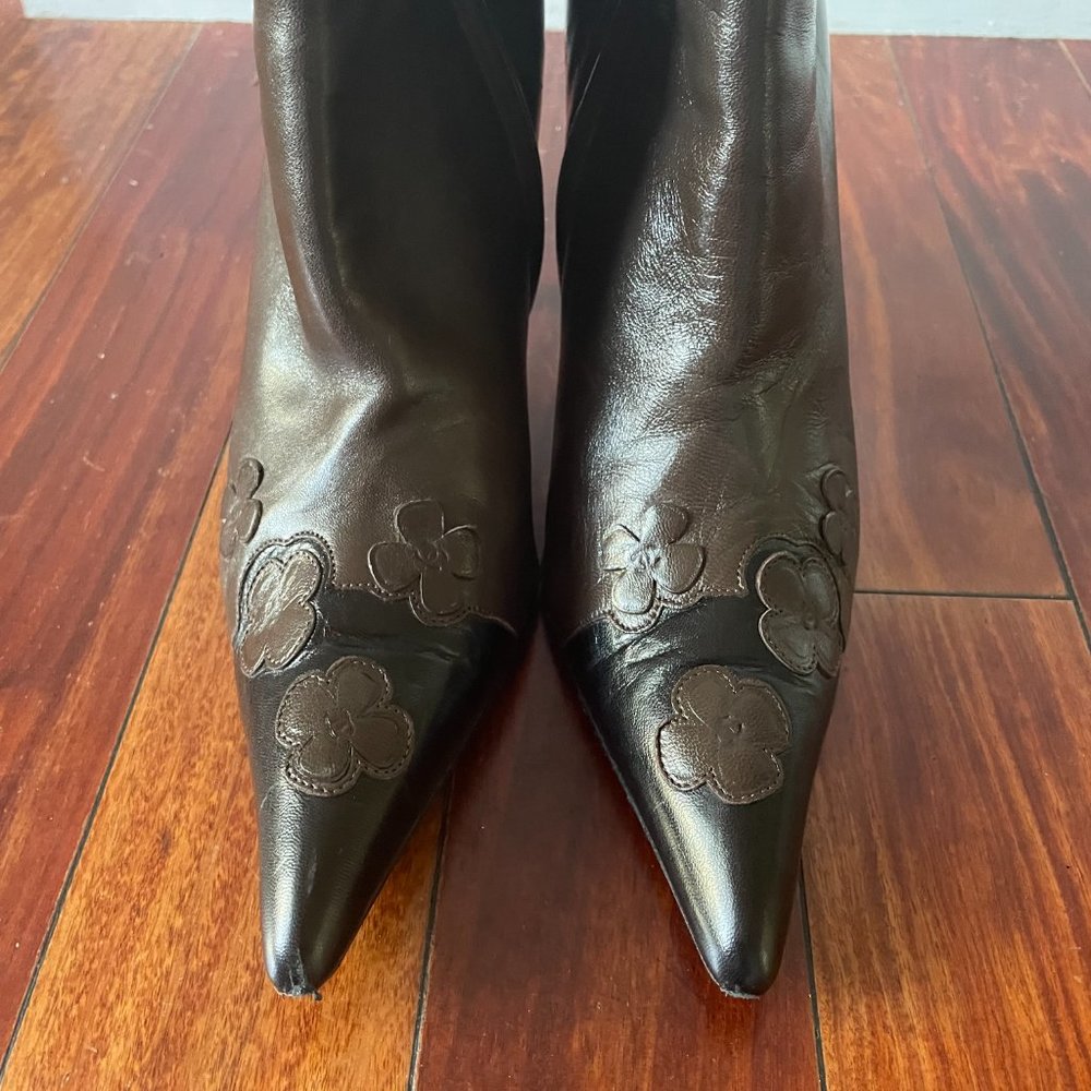 CHANEL Authentic Camellia Flower Leather Ankle Boots Brown & Black